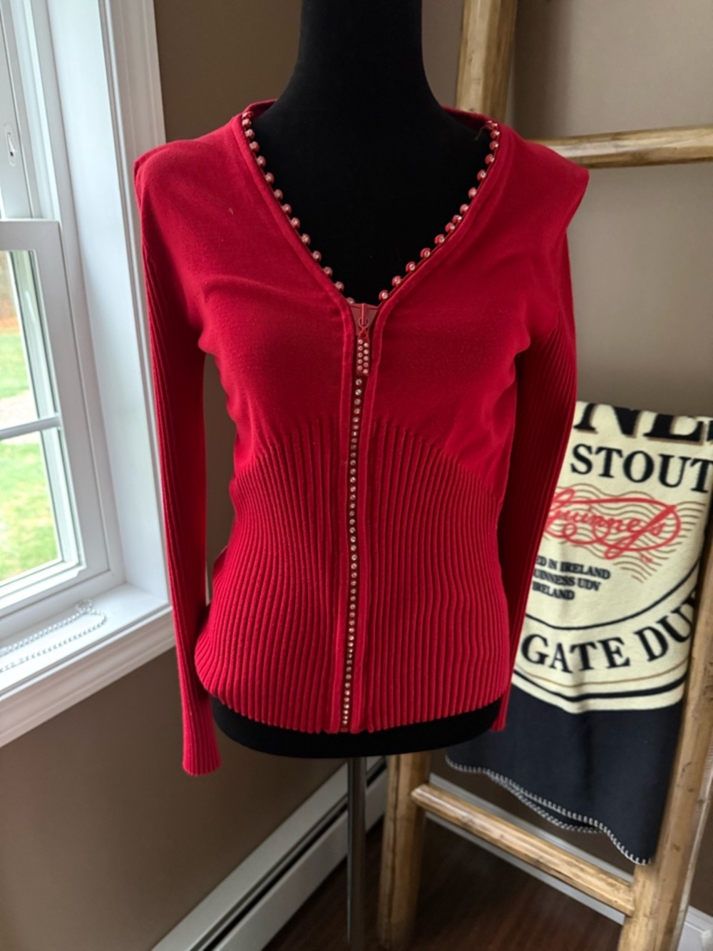 Gem Trim Red Zip Cardigan